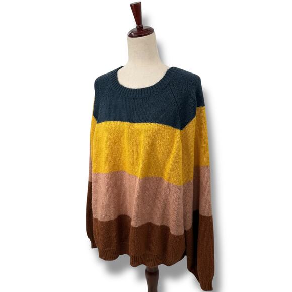 Eloquii Sweater Size 26 / 28 Striped Knit Long Sleeve Boxy Fit Blue Gold Brown - Picture 1 of 6